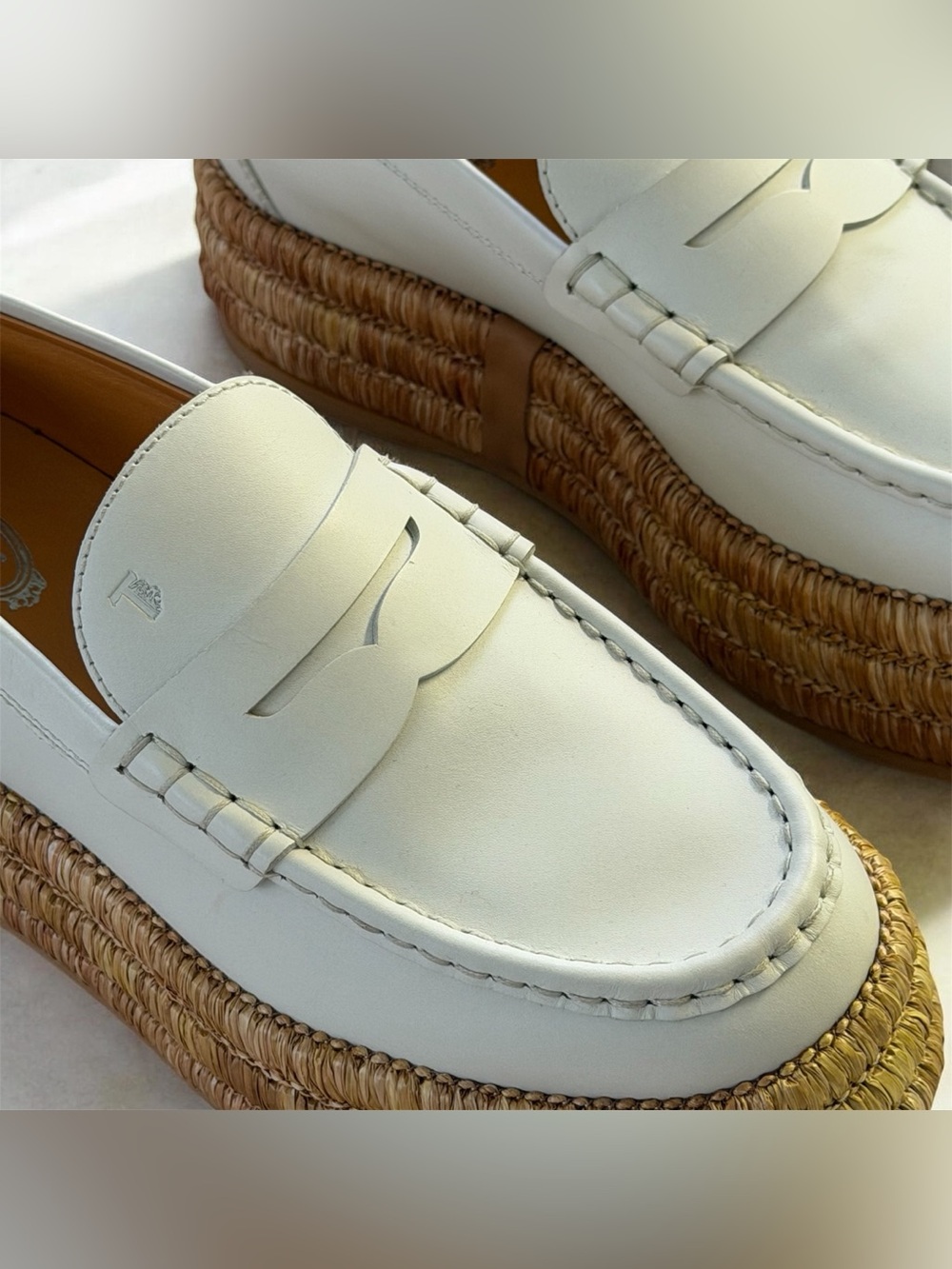 🍀🌼🍀 TOD’S Leather and raffia platform loafers size 7 US/ 37 European - Picture 11 of 16